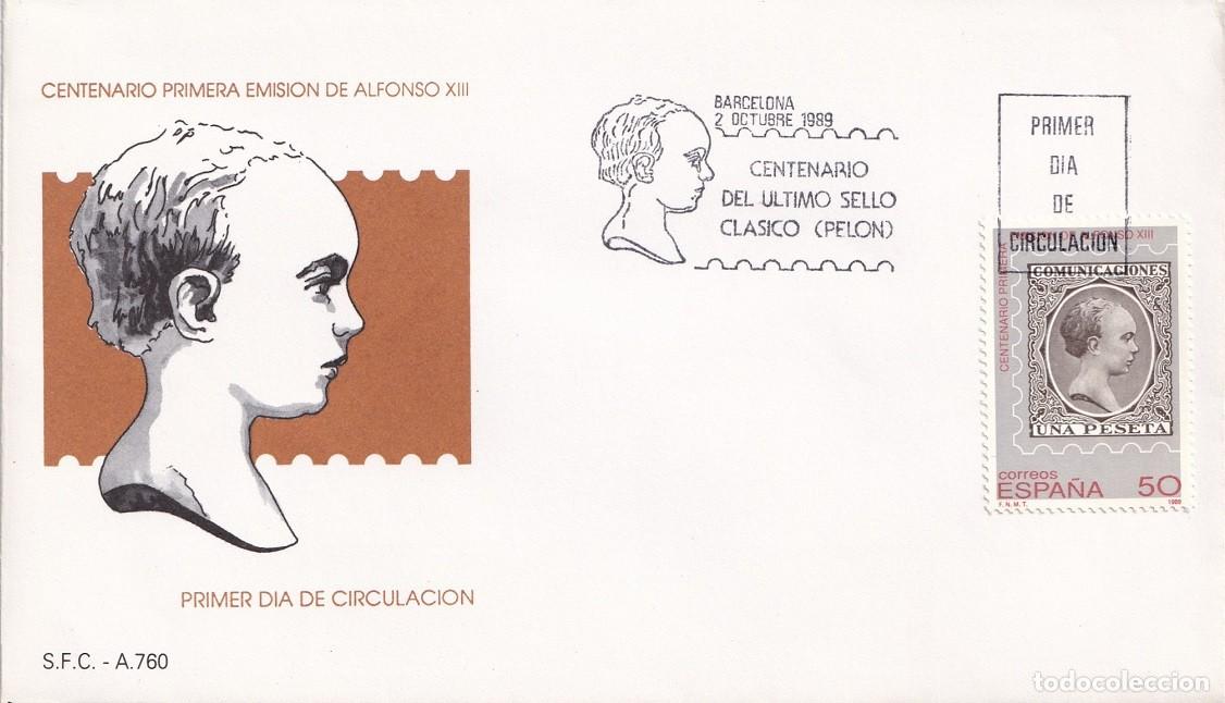 Sellos: SPD Barcelona 1989 - Centenario &uacute;ltimo sello cl&aacute;sico (Pel&oacute;n) Centenario primera emisi&oacute;n Alfonso XIII