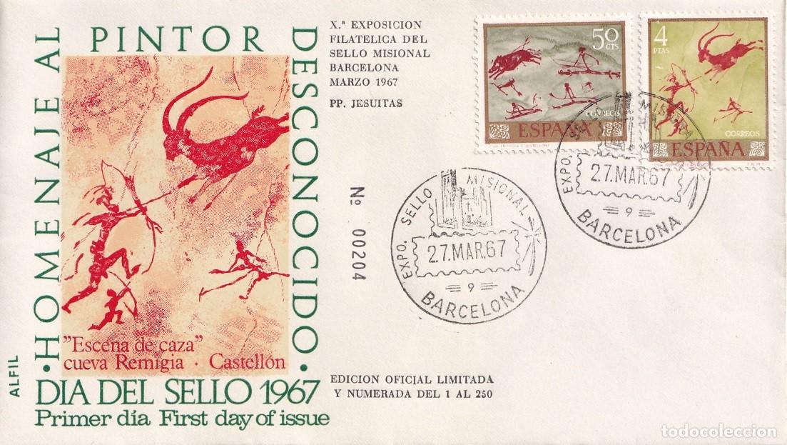 Sellos: SPD en Alfil Barcelona 1967 - D&iacute;a del sello - Homenaje al pintor desconocido - Caza Cueva Remigia