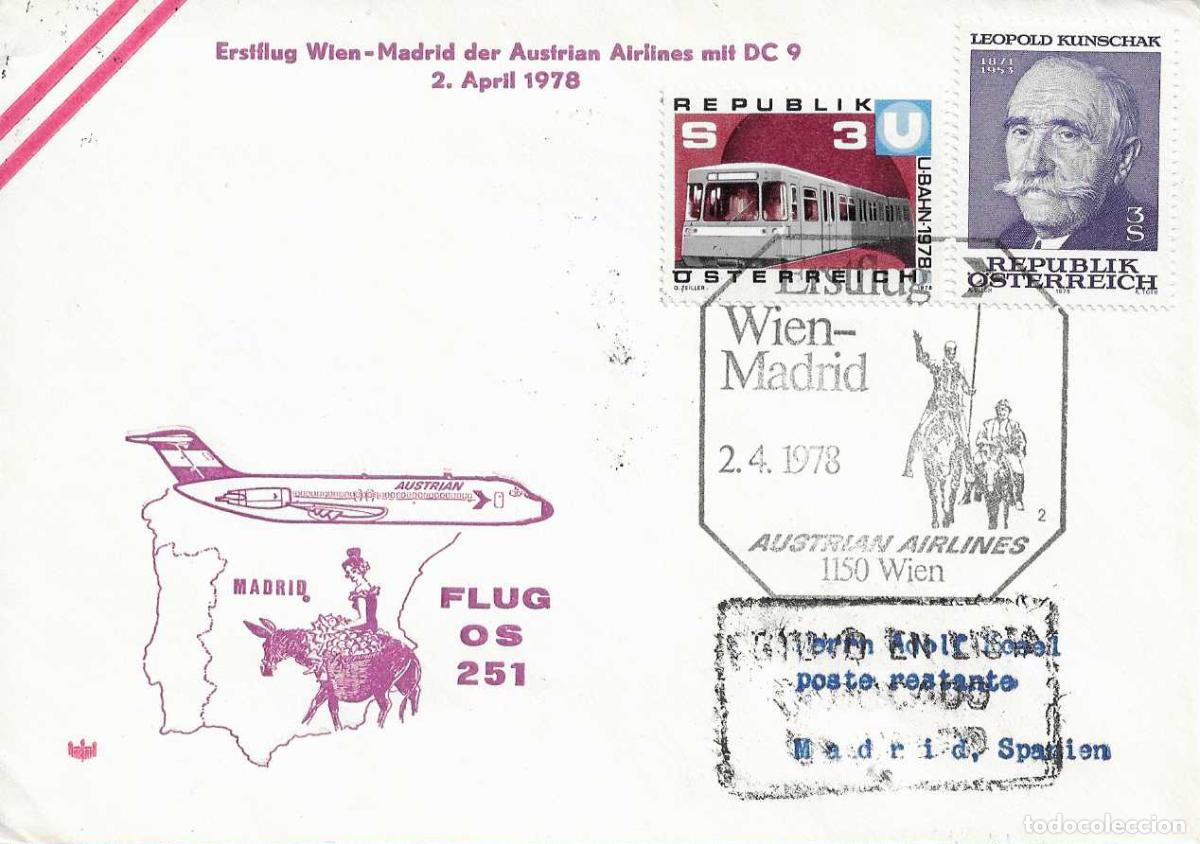 Sellos: RARO DON QUIJOTE CERVANTES MARCA AEREA PRIMER VUELO VIENA-MADRID 2 ABRIL 1978 EN SOBRE ILUSTRADO VER