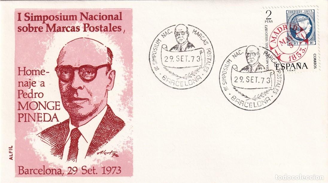 Sellos: Sobre en Alfil Barcelona 1973 - I Simposium Nacional Marcas Postales - Homenaje a Pedro Monge Pineda