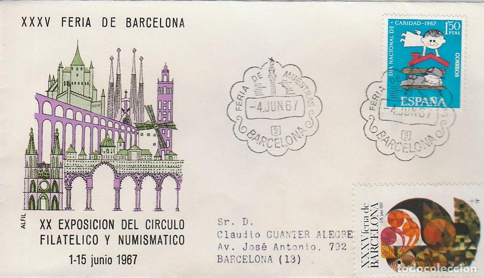 Sellos: A&Ntilde;O 1967, ESTATUA DE COLON, FERIA DE MUESTRAS BARCELONA, ALFIL ALCAZAR VERDE CON LA VI&Ntilde;ETA CIRCULADO