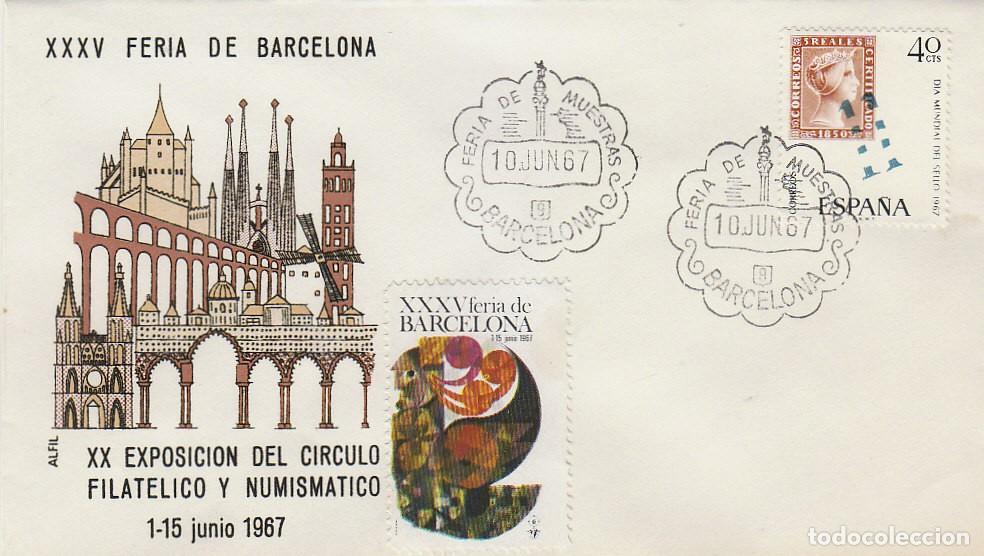 Sellos: A&Ntilde;O 1967, ESTATUA DE COLON, FERIA DE MUESTRAS BARCELONA, ALFIL ALCAZAR AMARILLO CON LA VI&Ntilde;ETA