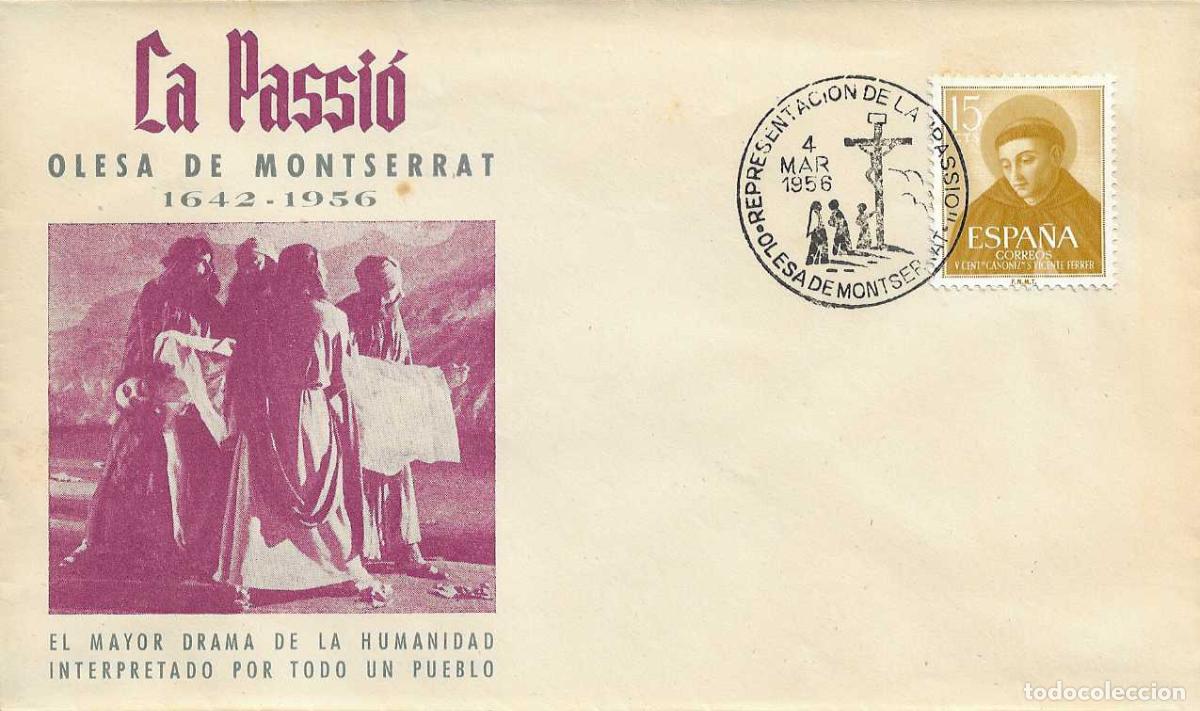 Sellos: REPRESENTACION LA PASSI&Oacute;, OLESA DE MONTSERRAT (BARCELONA) 1956. MATASELLOS RARO SOBRE ILUSTRADO RWR
