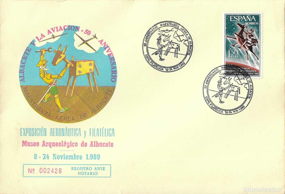 Sellos: DON QUIJOTE CERVANTES 50 ANIV MAESTRANZA AEREA DE ALBACETE 1989. MATASELLOS EN RARO SOBRE ILUSTRADO
