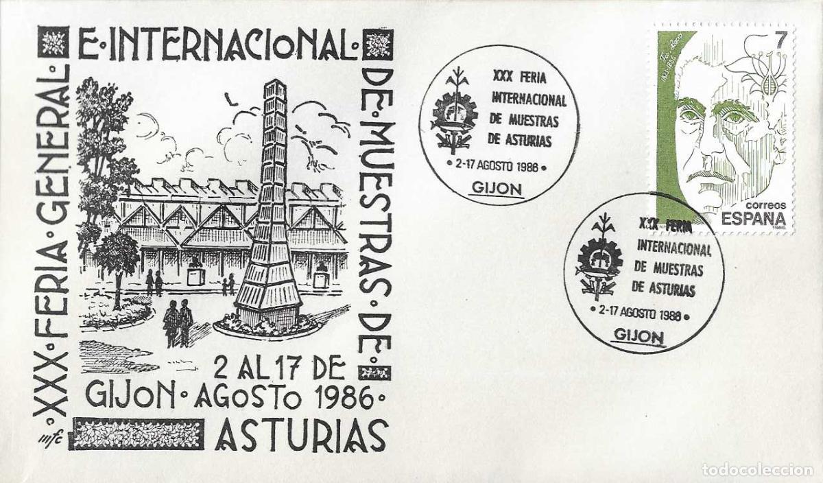 Sellos: XXX FERIA GENERAL DE MUESTRAS DE ASTURIAS, GIJON 1986. MATASELLOS EN RARO SOBRE ILUSTRADO