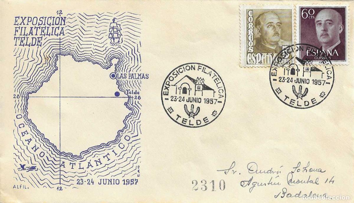 Sellos: ERMITA DE SAN ANTONIO EXPOSICION FILATELICA TELDE CANARIAS 1957 MATASELLOS SOBRE CIRCULADO ALFIL RWR