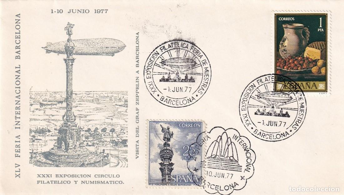 Sellos: Sobre Barcelona 1977 - Zeppelin - XLV Feria Internacional Barcelona - XXXI Exp. C&iacute;rculo Filco. y Num