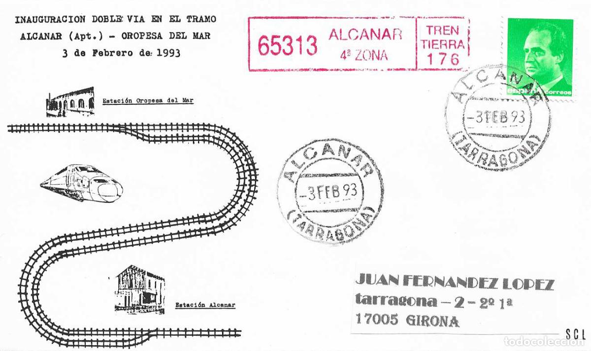 Sellos: TRENES FERROCARRIL ALTA VELOCIDAD INAUGURACION 1993 DOBLE VIA TRAMO ALCANAR (TARRAGONA)-OROPESA MAR