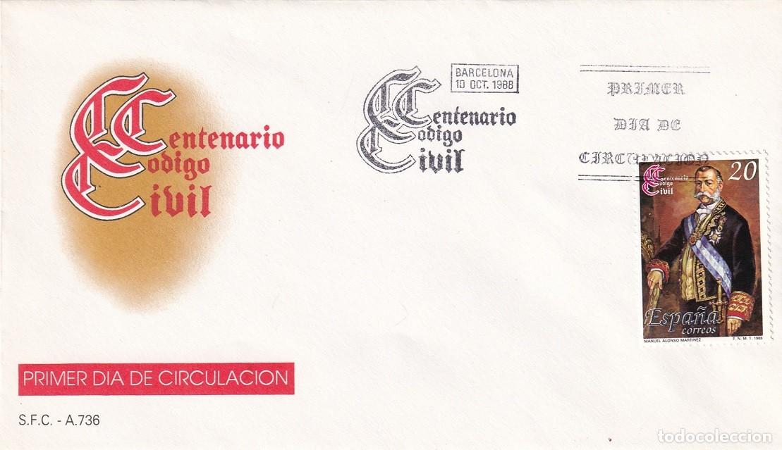Sellos: SPD Barcelona 1988 - Centenario del C&oacute;digo Civil - Manuel Alonso Mart&iacute;nez 1827-1891, jurista - FDC