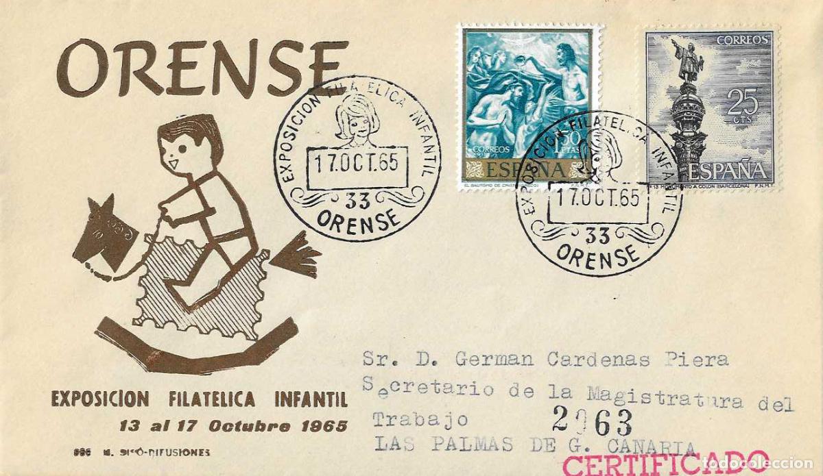 Sellos: EXPOSICION FILATELICA INFANTIL, ORENSE 1965 MATASELLOS SOBRE CIRCULADO MS CABALLITO JUGUETE RARO RWR