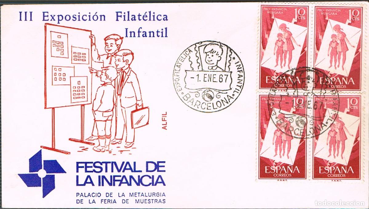 Sellos: A&ntilde;o 1967, festival de la infancia de Barcelona en sobre de alfil CON BLOQUE DE 4 DE INFANCIA HUNGARA