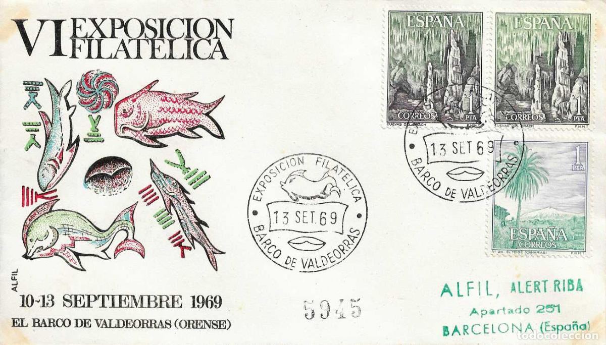 Sellos: FOSILES VI EXPOSICION, BARCO VALDEORRAS (ORENSE) 13 SEPTIEMBRE 1969 MATASELLOS SOBRE CIRCULADO ALFIL