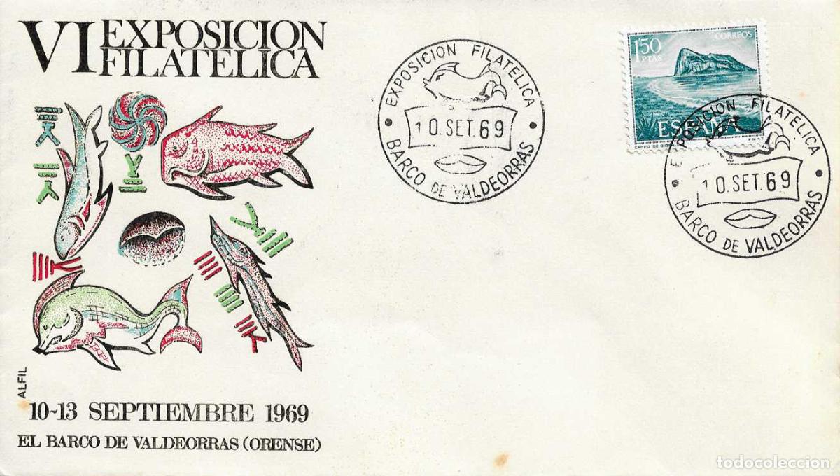Sellos: FOSILES VI EXPOSICION BARCO VALDEORRAS ORENSE 10 SEPTIEMBRE 1969 MATASELLOS SOBRE SIN CIRCULAR ALFIL