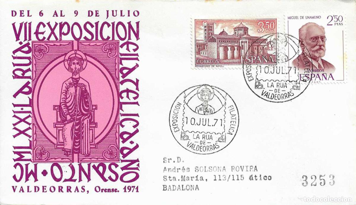 Sellos: A&Ntilde;O SANTO EXPOSICION, LA RUA DE VALDEORRAS (ORENSE) 10 JULIO 1971 MATASELLOS EN SOBRE ALFIL RELIGION