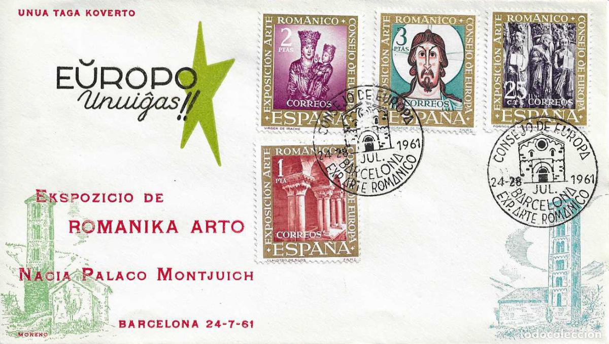Sellos: ARTE ROMANICO CONSEJO EUROPA VII EXPOSICION, BARCELONA 1961. MATASELLOS RARO SOBRE MORENO ESPERANTO