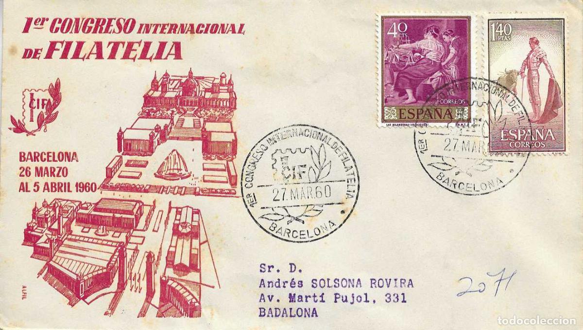 Sellos: CIF I CONGRESO INT DE FILATELIA, BARCELONA 27 MARZO 1960. MATASELLOS SOBRE CIRCULADO ALFIL MOD 2 RWR