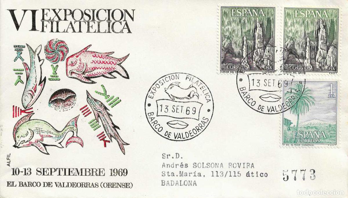 Sellos: FOSILES VI EXPOSICION, BARCO VALDEORRAS (ORENSE) 13 SEPTIEMBRE 1969 MATASELLOS SOBRE CIRCULADO ALFIL