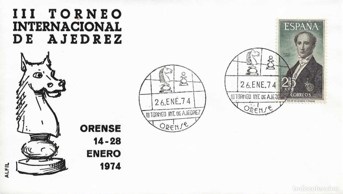 Sellos: AJEDREZ III TORNEO INTERNACIONAL, ORENSE 26 ENERO 1974. RARO MATASELLOS EN SOBRE DE ALFIL