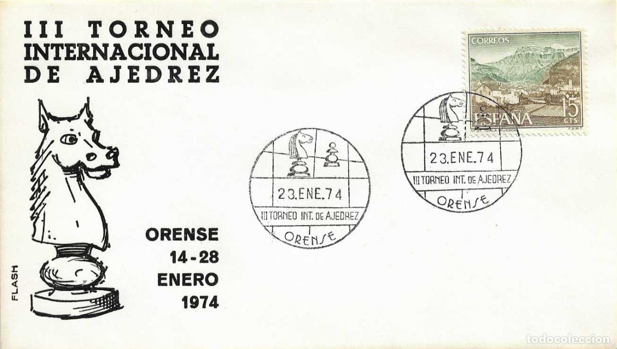 Sellos: AJEDREZ III TORNEO INTERNACIONAL, ORENSE 23 ENERO 1974. RARO MATASELLOS EN SOBRE DE FLASH