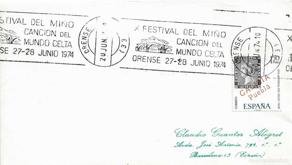 Sellos: MUSICA CANCION MUNDO CELTA X FESTIVAL DEL MI&Ntilde;O, ORENSE 1974. RARO MATASELLOS DE RODILLO EN SOBRE