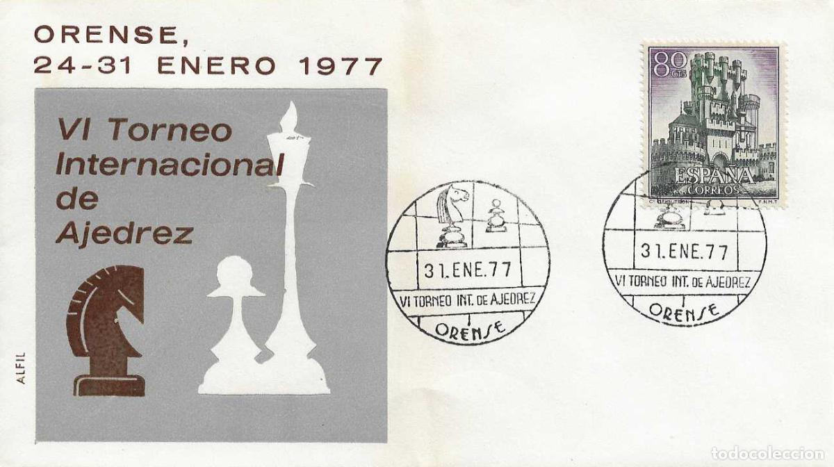 Sellos: AJEDREZ VI TORNEO INTERNACIONAL, ORENSE 31 ENERO 1977. RARO MATASELLOS EN SOBRE DE ALFIL RWR