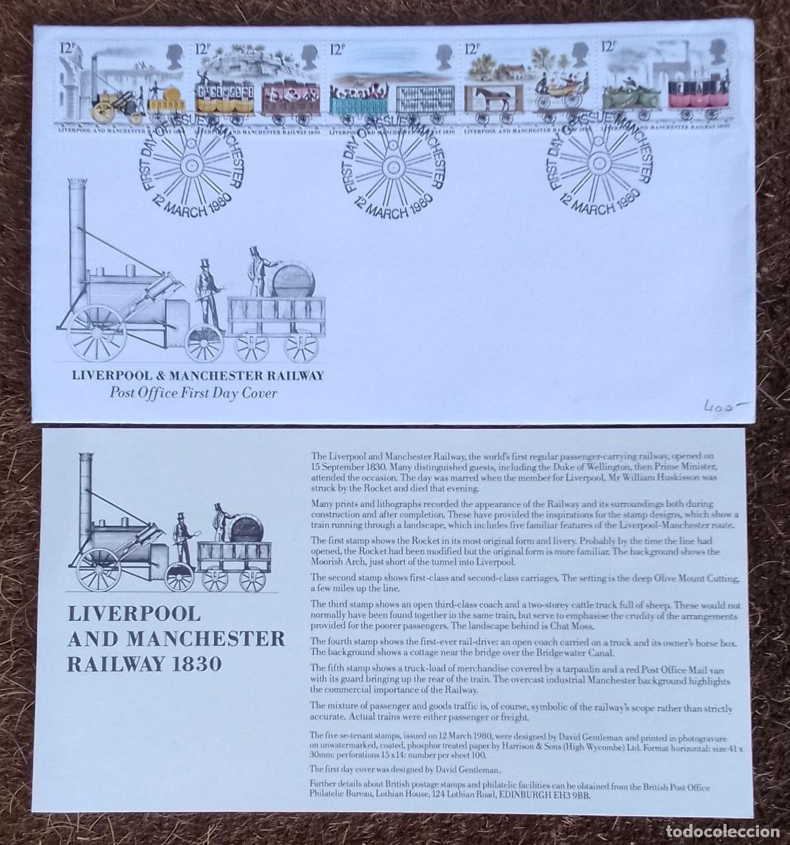 Sellos: SOBRE PRIMER D&Iacute;A CIRCULACI&Oacute;N MANCHESTER RAILWAY 1980