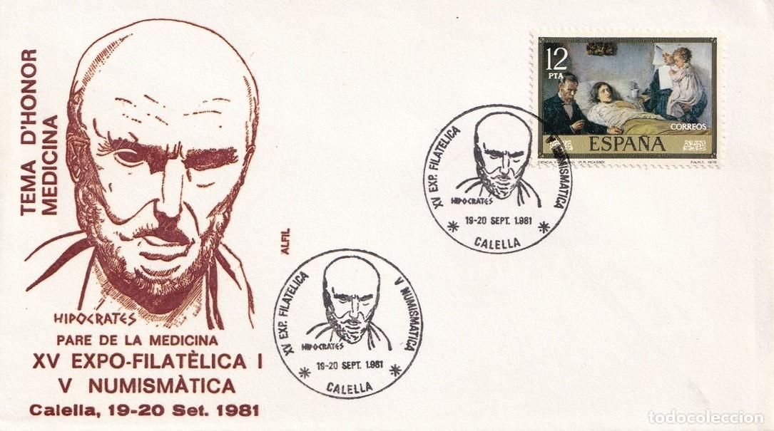 Sellos: Sobre Alfil Calella 1981 - Tema d'honor Medicina Hipocrates pare de la Medicina - XV Exp Fil i V Num
