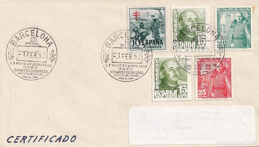 Sellos: Sobre certificado 1952 Barcelona XXXV Congreso Eucar&iacute;stico Internac. - Pro Tuberculosos Cruz Lorena