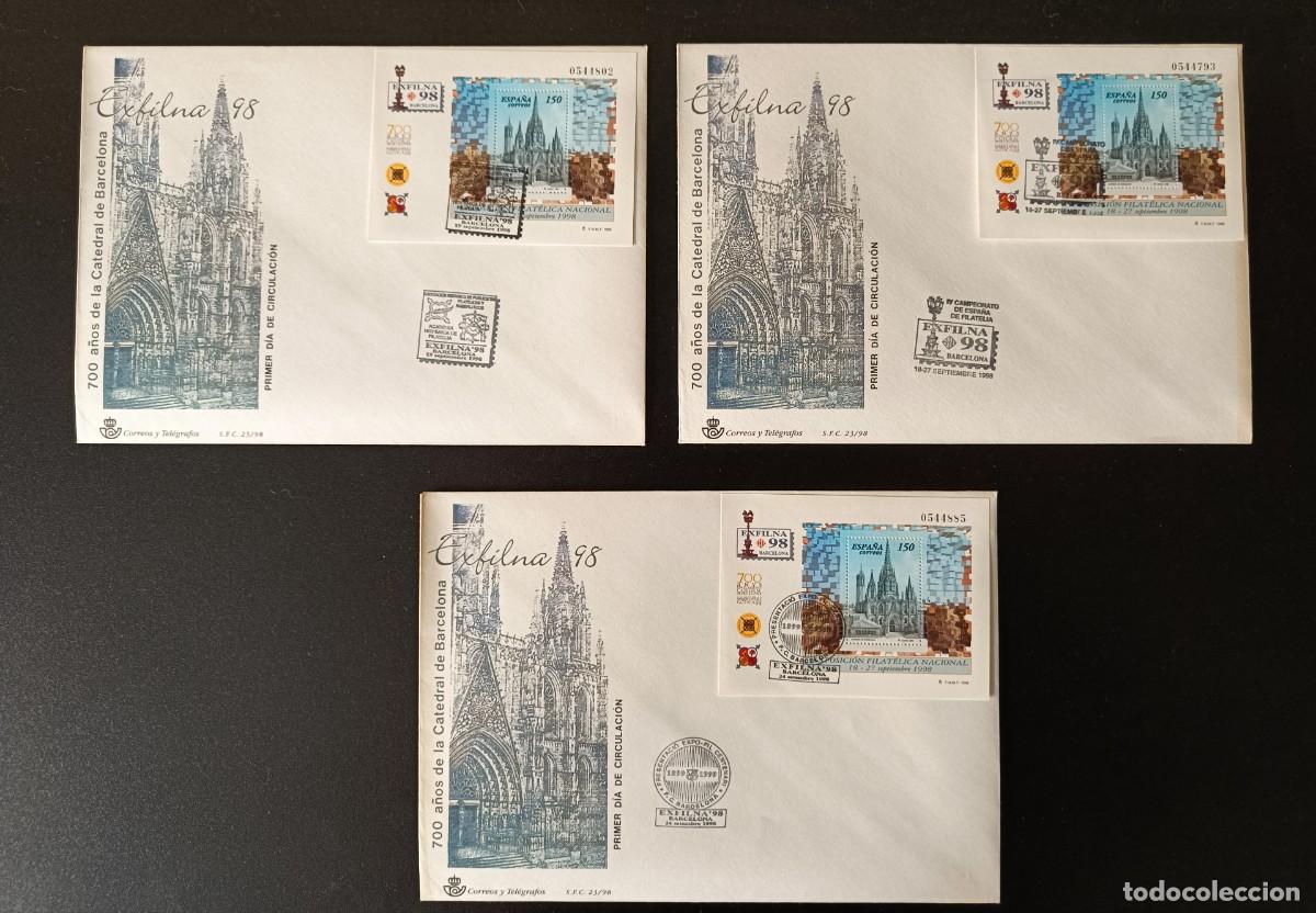 Sellos: 6 SOBRES PRIMER DIA CIRCULACI&Oacute;N - EXFILNA 98 - MATASELLOS DIFERENTES 700 ANYS CATEDRAL DE BARCELONA