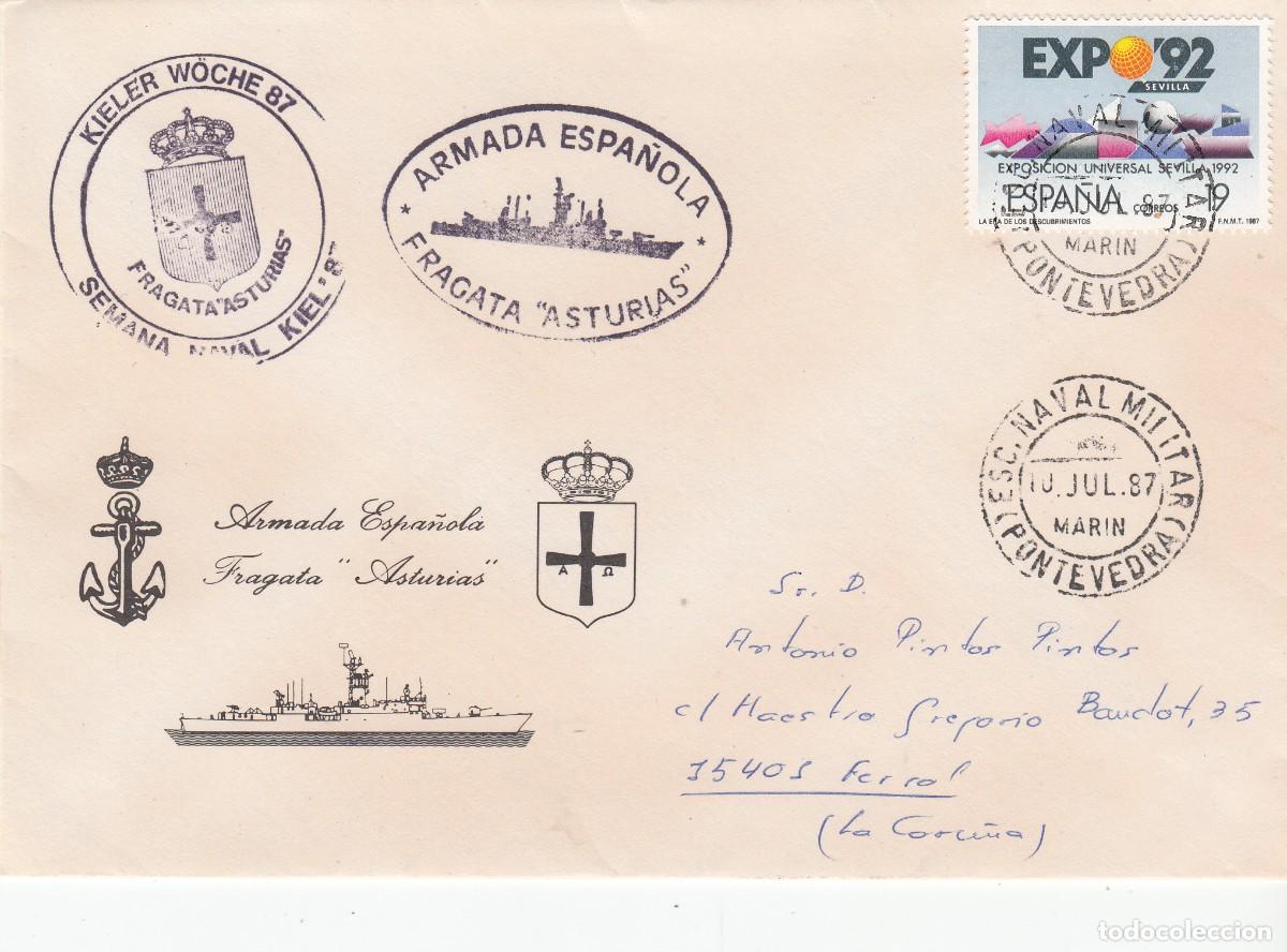 Sellos: 1987 - FILATELIA NAVAL - FRAGATA ASTURIAS EN KIEL - MATASELLOS ESC. NAVAL MILITAR EN MAR&Iacute;N