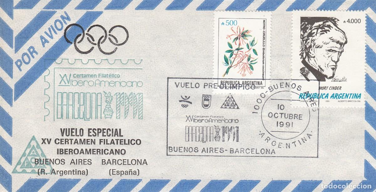Sellos: BARCELONA - 92 VUELO PRE-OLIMPICO BUENOS AIRES BARCELONA - CERTAMEN FILAT&Eacute;LICO IBEROAMERICANO - 1991