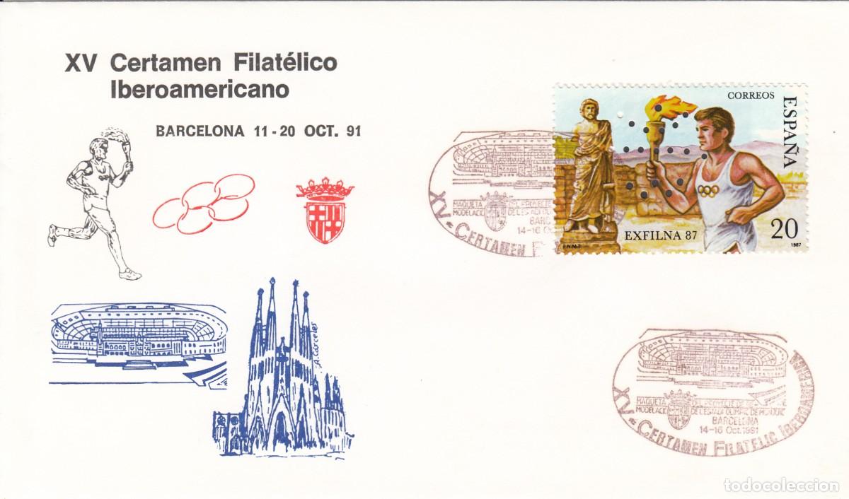 Sellos: BARCELONA 92 - SELLO EXFILNA 87 CON PERFORADO Y MATASELLOS CERTAMEN FILAT. IBEROAMERICANO