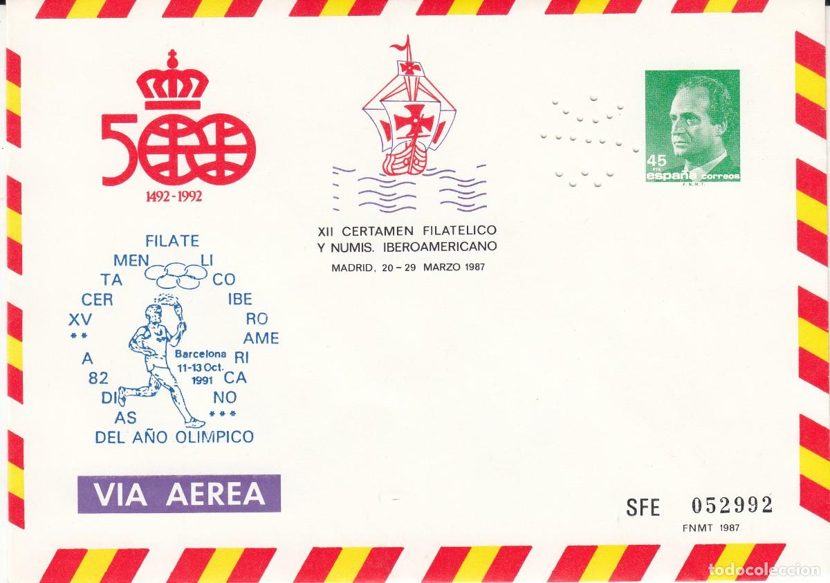 Sellos: BARCELONA 92 - SOBRE ENTERO POSTAL NUM. 7 -CON INSCRIPCION CERT. IBEROAMERICANO -1991 CON PERFORADO