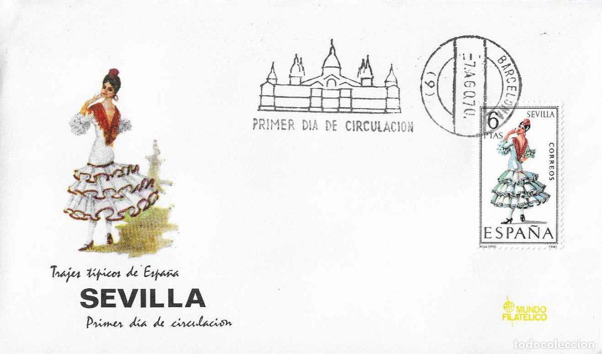 Sellos: TRAJE DE SEVILLA TRAJES TIPICOS ESPA&Ntilde;OLES 1970 (EDIFIL 1956) EN SPD DE MF MATASELLOS BARCELONA
