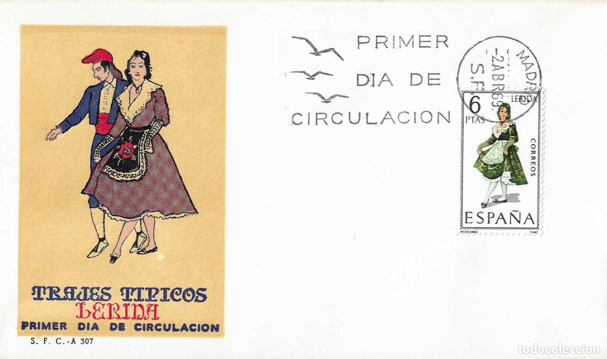 Sellos: TRAJE DE LERIDA TRAJES TIPICOS ESPA&Ntilde;OLES 1969 (EDIFIL 1901) EN SOBRE PRIMER DIA SERVICIO FILATELICO