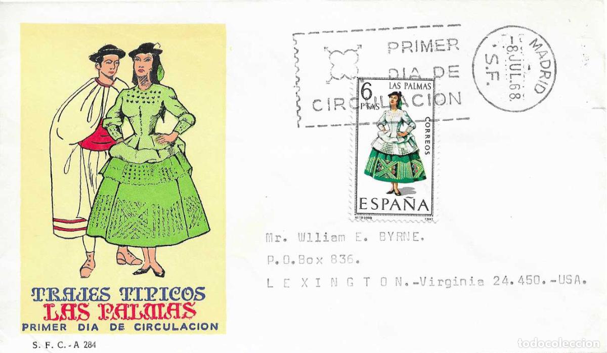 Sellos: TRAJE DE LAS PALMAS CANARIAS TRAJES TIPICOS ESPA&Ntilde;OLES 1968 (EDIFIL 1845) EN SPD SERVICIO FILATELICO