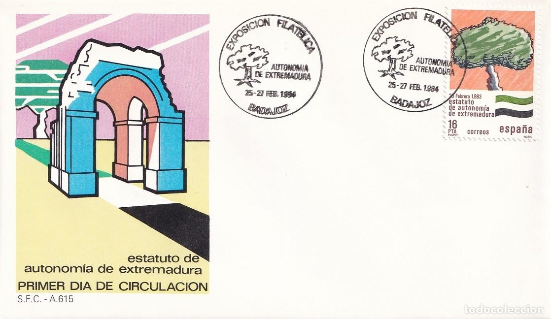 Sellos: SPD Badajoz 1984 - Estatuto de Autonom&iacute;a de Extremadura - IX Exposici&oacute;n filat&eacute;lica - Matasellos FDC