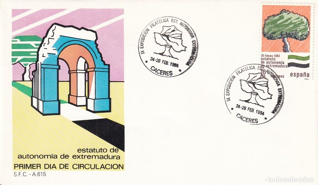Sellos: SPD C&aacute;ceres 1984 - Estatuto de Autonom&iacute;a de Extremadura - IX Exposici&oacute;n filat&eacute;lica - Matasellos FDC