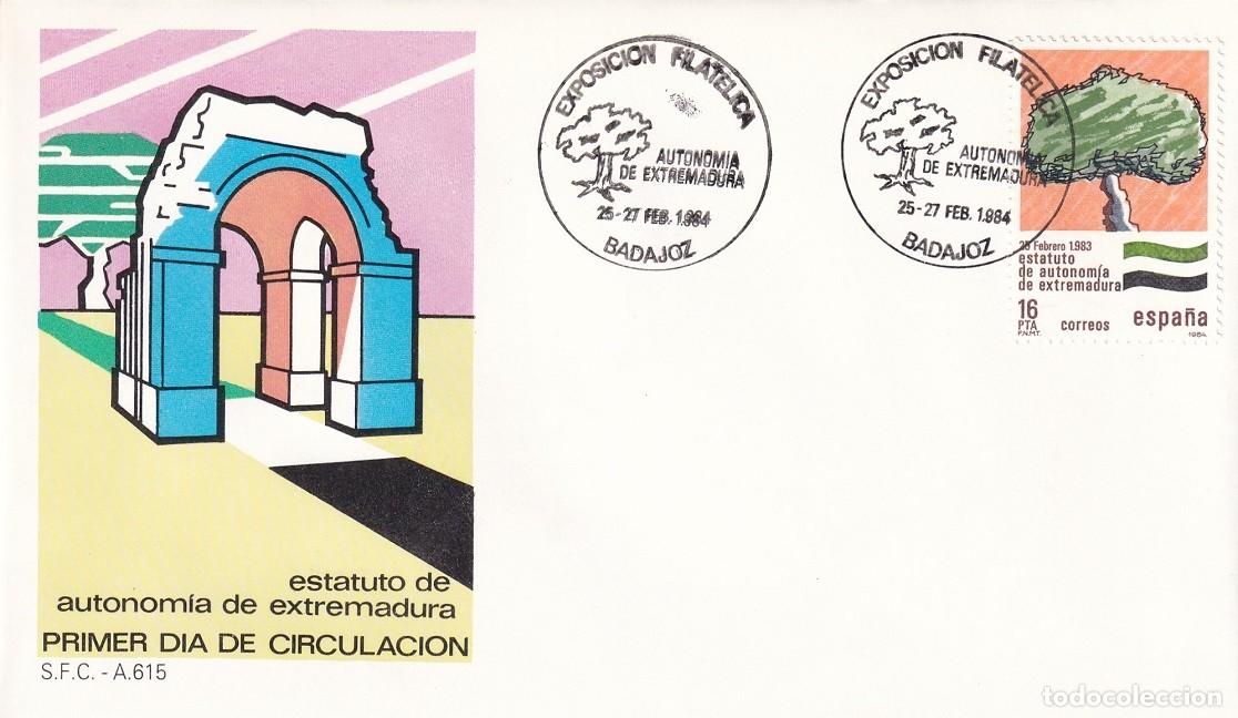 Sellos: SPD Badajoz 1984 - Estatuto de Autonom&iacute;a de Extremadura - IX Exposici&oacute;n filat&eacute;lica - Matasellos FDC