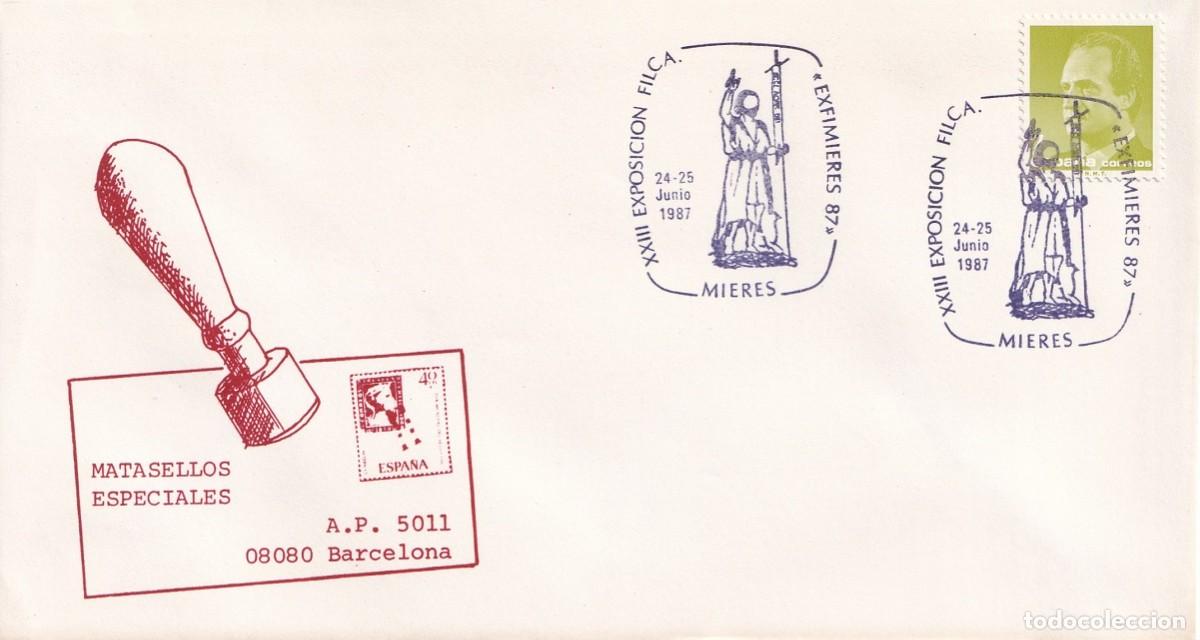 Sellos: Sobre Mieres 1987 - Exfimieres 87 - XXIII Exposici&oacute;n filat&eacute;lica - Matasellos especiales