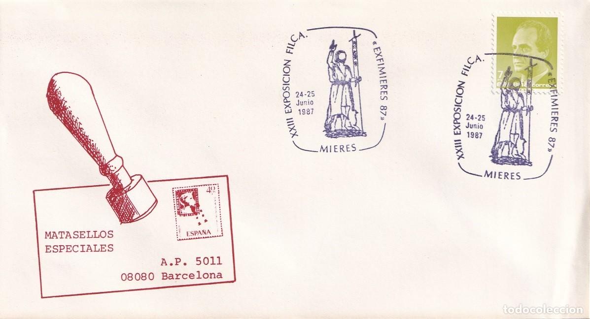 Sellos: Sobre Mieres 1987 - Exfimieres 87 - XXIII Exposici&oacute;n filat&eacute;lica - Matasellos especiales