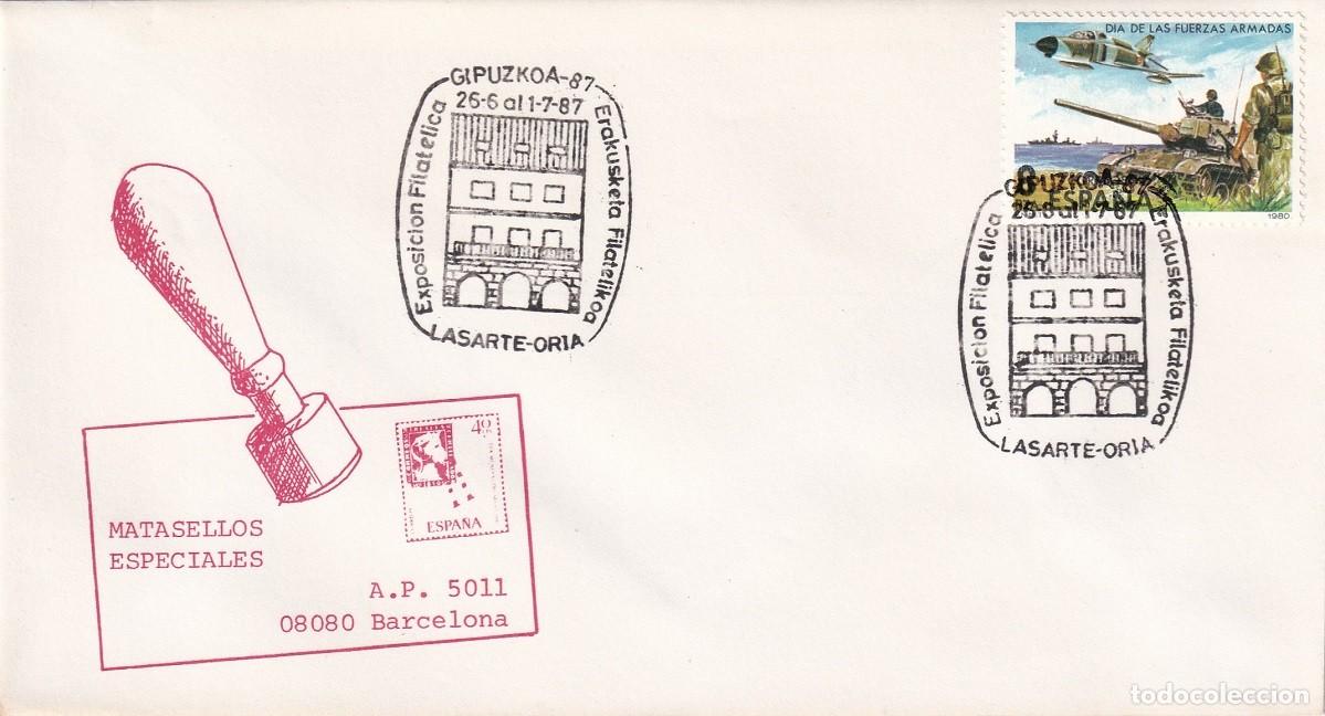 Sellos: Sobre Lasarte-Oria 1987 Exposici&oacute;n filat&eacute;lica Gipuzkoa Erakusketa Filatelikoa Matasellos especiales