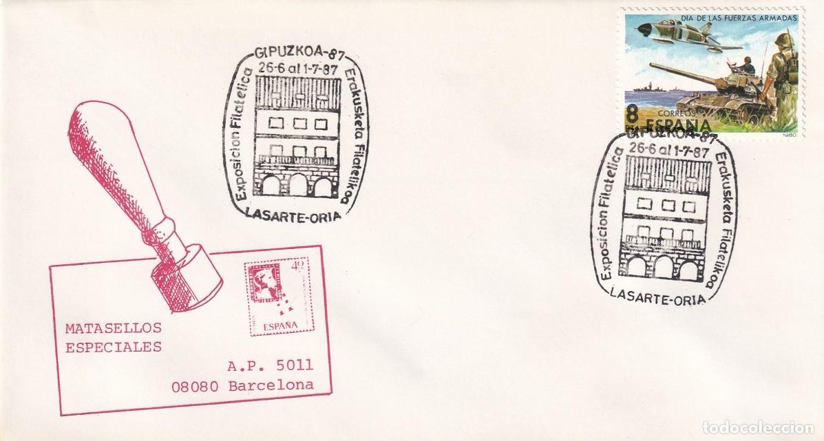 Sellos: Sobre Lasarte-Oria 1987 Exposici&oacute;n filat&eacute;lica Gipuzkoa Erakusketa Filatelikoa Matasellos especiales