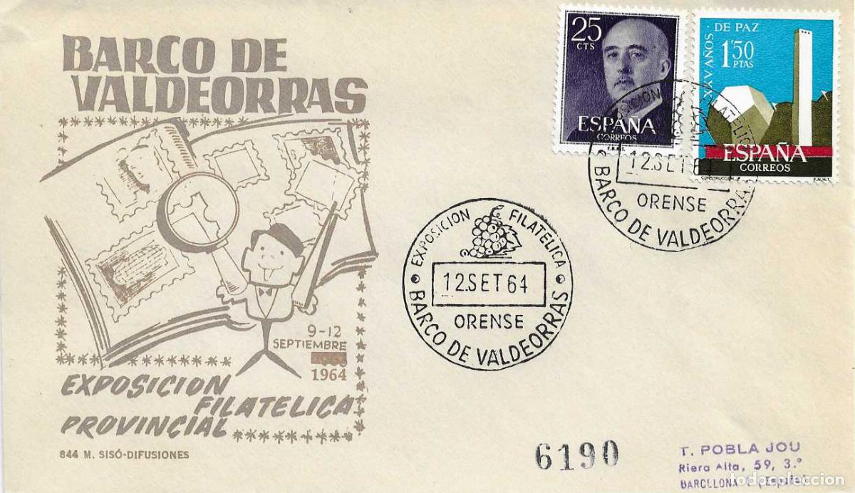 Sellos: VINO EXPOSICION FILATELICA BARCO DE VALDEORRAS (ORENSE) 1964. RARO MATASELLOS EN SOBRE CIRCULADO MS