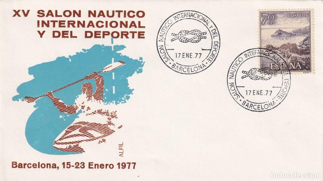Sellos: Sobre en Alfil Barcelona 1977 - XV Sal&oacute;n n&aacute;utico internacional y del Deporte - Matasellos especiales