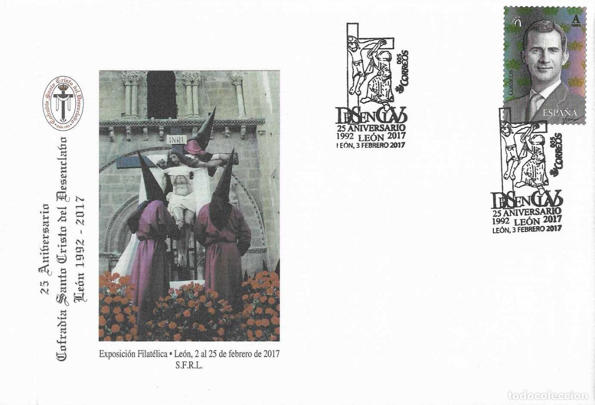Sellos: SEMANA SANTA COFRADIA SANTO CRISTO DEL DESENCLAVO 25 ANIVERSARIO, LEON 2017. MATASELLOS SOBRE MOD 3
