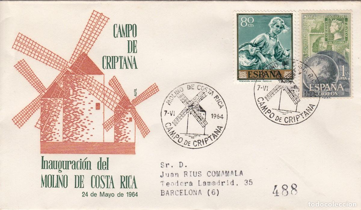 Sellos: TEM QUIJOTE - MATASELLOS INAUGURACI&Oacute;N MOLINO DE COSTA RICA - CAMPO DE CRIPTANA - 1964