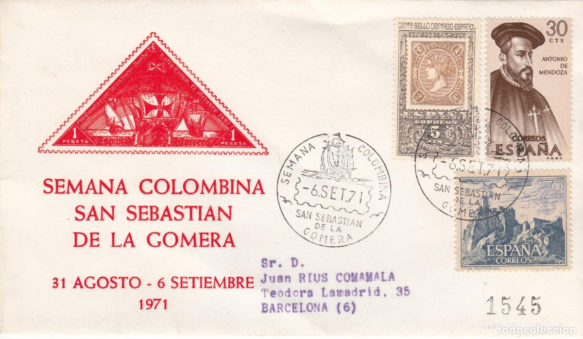 Sellos: TEM. QUIJOTE - MATASELLOS SEMANA COLOMBINA EN SAN SEBASTIAN DE LA GOMERA - 1971