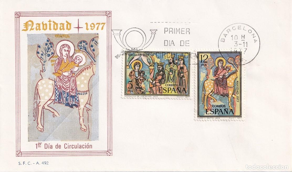Sellos: SPD Barcelona 1977 - Navidad - Adoraci&oacute;n Fresco en Jaca - Huida a Egipto Fresco en Jaca - Primer d&iacute;a