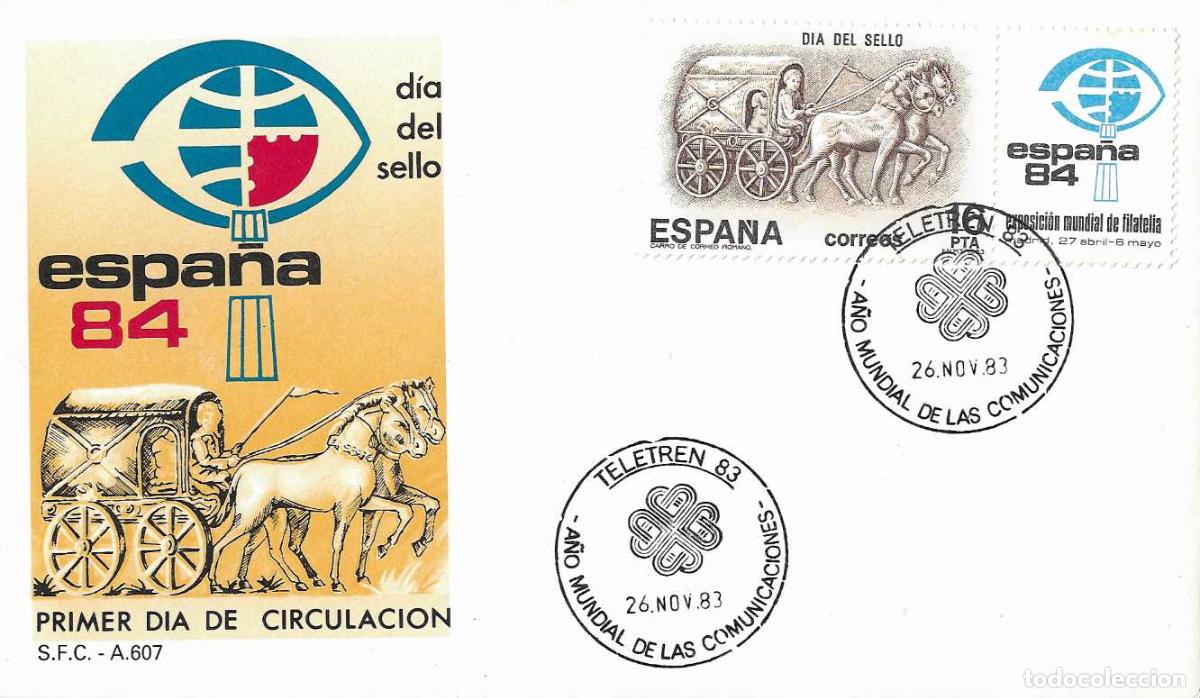 Sellos: TRENES FERROCARRIL TELETREN-83 A&Ntilde;O MUNDIAL COMUNICACIONES 1983. MATASELLOS SOBRE SERVICIO FILATELICO